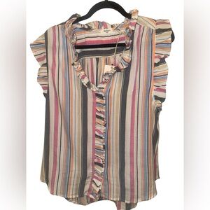 Dylan Pink Gray Ruffled Cap Sleeve Blouse